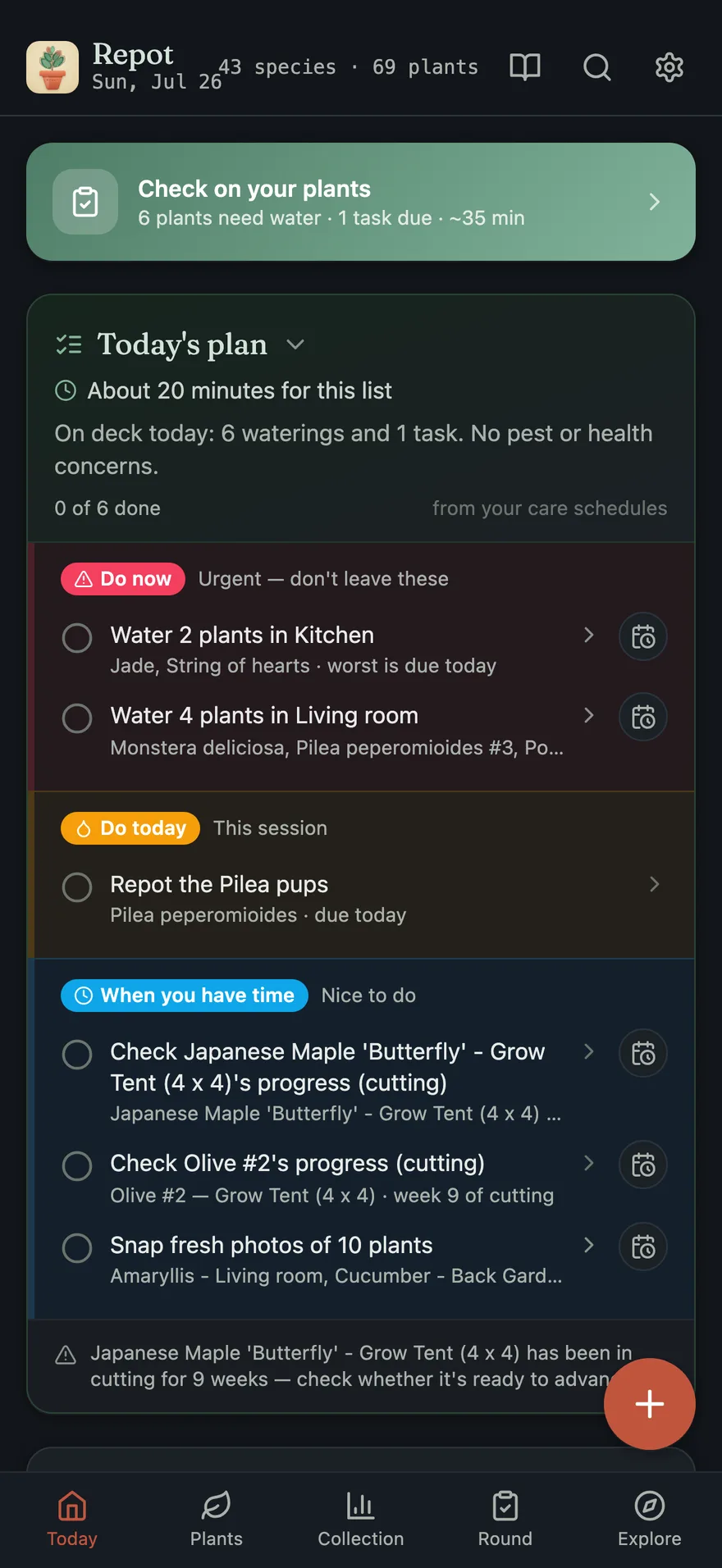 Repot's Today screen in dark mode: the daily plan with Do now, Do today, and When you have time buckets