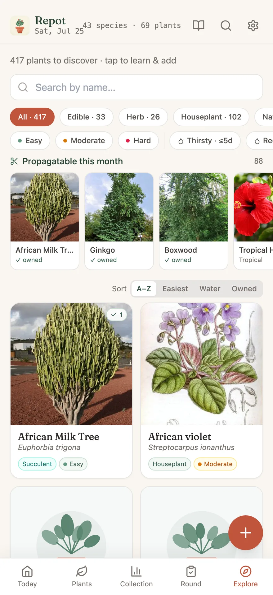 The Explore catalog, light mode: 417 plants with real photos and filter chips